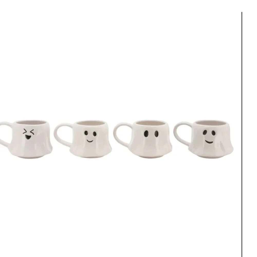 NEW Ceramic Ghost Face Mugs Mug Set of 4 Stacking Stackable White Stoneware Blac